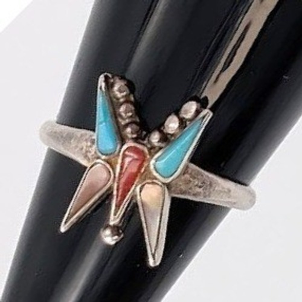 VTG Butterfly Ring Southwestern Blue Red Shades Inlay Boho‎ Art to Wear Size 5.5
